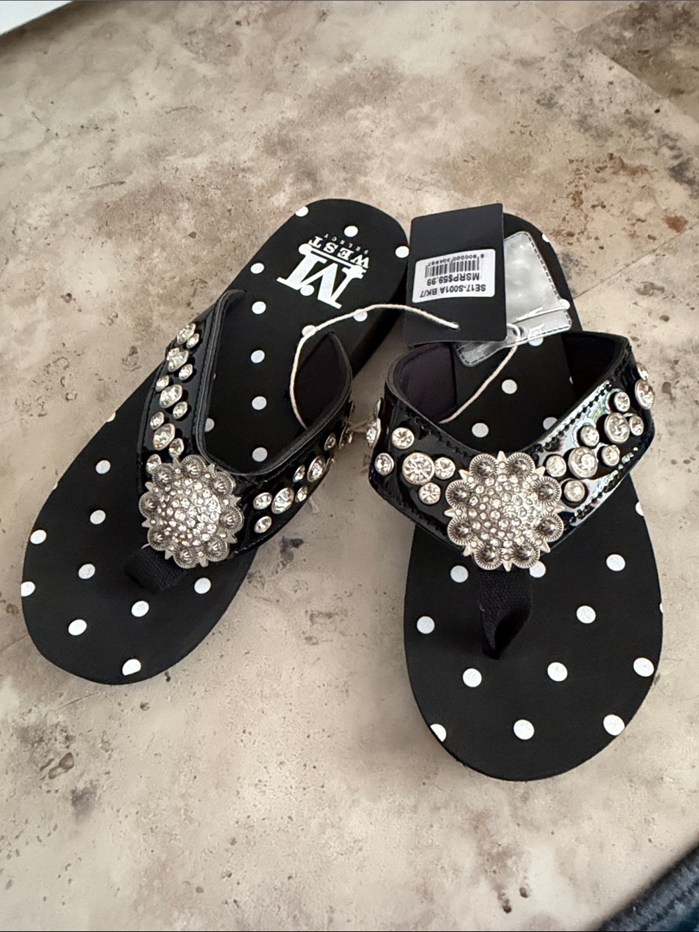 Montana West Women's Black Polka Dot Jeweled Flip Flop Sandals size 7